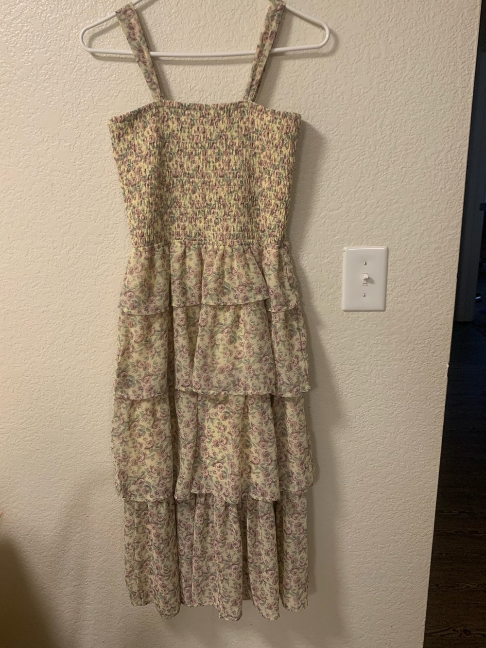 Mimi Chica Cream Floral Smocked Tiered Midi Dress with Pink & Green Accents